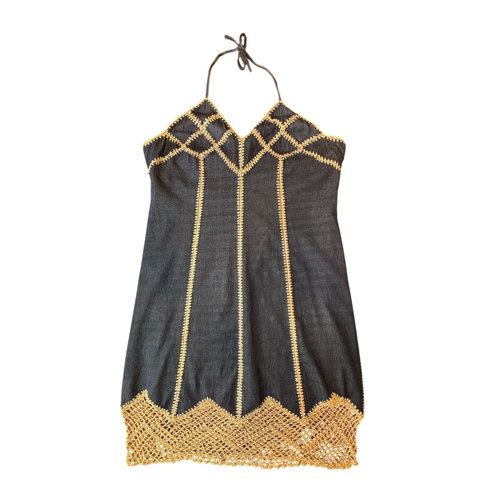 Boho Crochet Ashley Stewart Denim Halter Dress Midi Blue Vintage - Picture 8 of 12